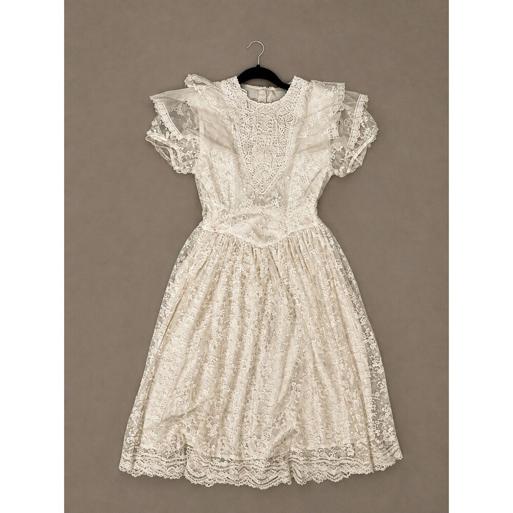 Vintage Jessica McClintock Bridal Ivory Lace Wedding Dress Size XS Made in US